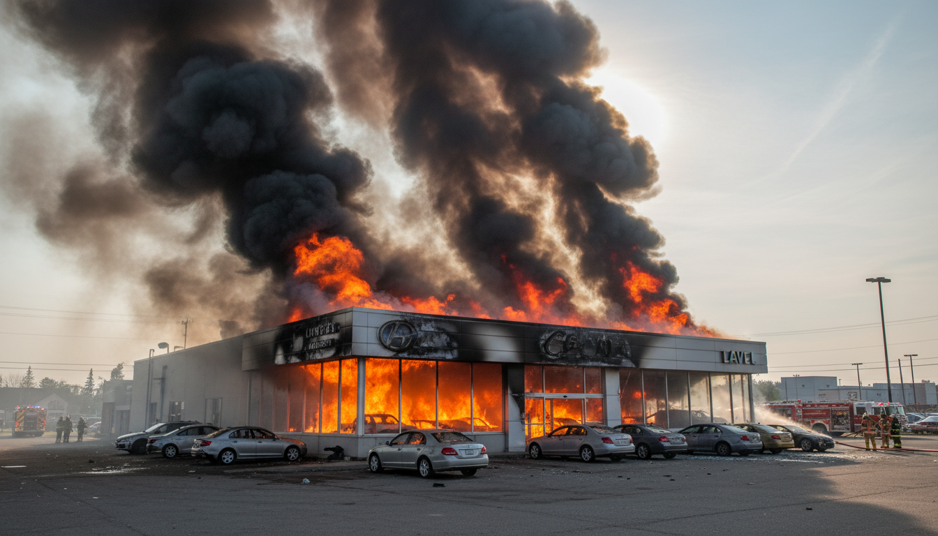 un incendie spectaculaire cause d'importants dégâts dans un concessionnaire automobile à laval, mobilisant les secours pour maîtriser le sinistre.