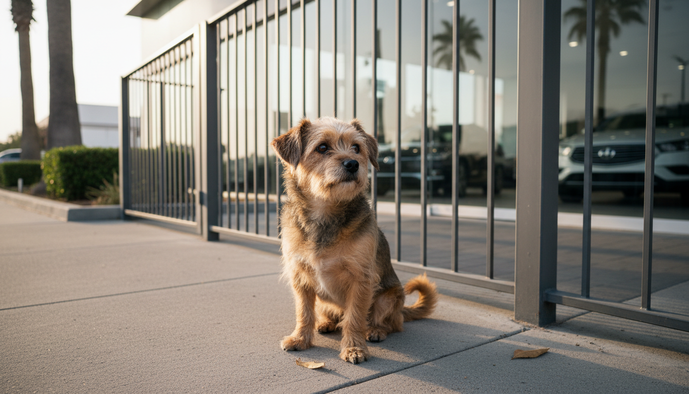 un petit chien adorable suit les clients d’un concessionnaire auto, espérant trouver sa future famille aimante. découvrez cette histoire touchante qui mêle amour et loyauté.