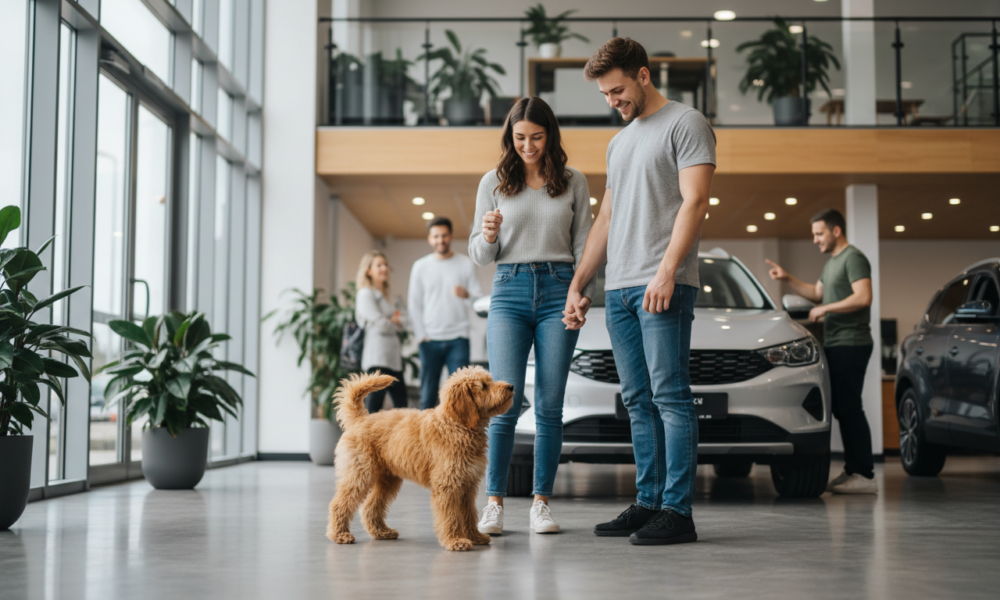 un petit chien adorable suit les clients d’un concessionnaire auto, espérant trouver sa famille aimante et un foyer chaleureux.
